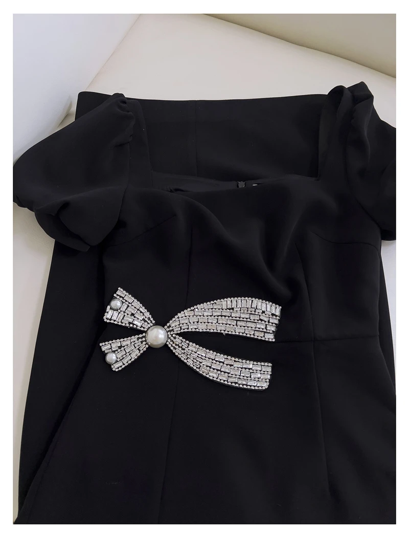 Lingzhiwu-black formal dress for women, luxury dress with diamond bow, slim waist, new summer