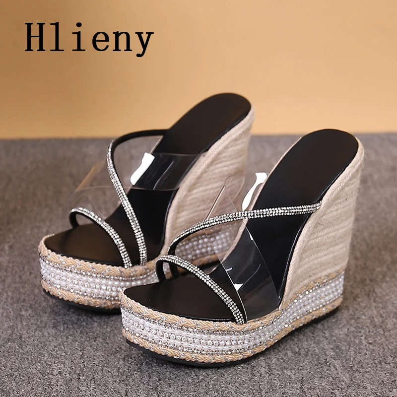 Hlieny Size 34-42 Sexy Straw Platform Party Slippers Wedges High Heels PVC Transparent Sandals Summer Crystal Women Shoes