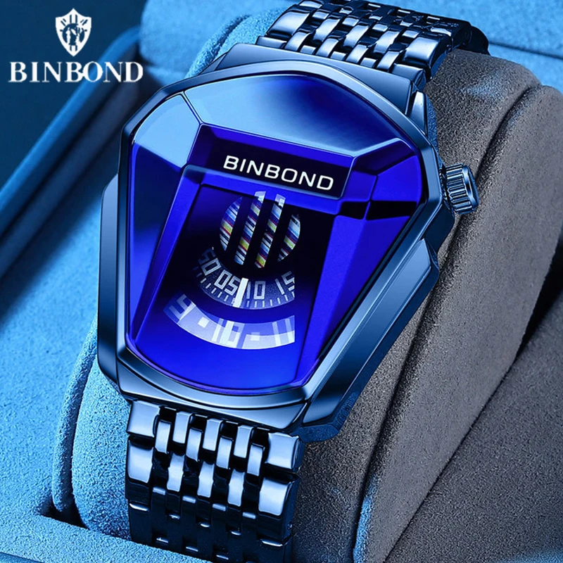 BINBOND Men Popular Fashion Motorcycle Concept Quartz Watch Luminous Steel Band Mesh Watch Touch Screen Black Technology Watch