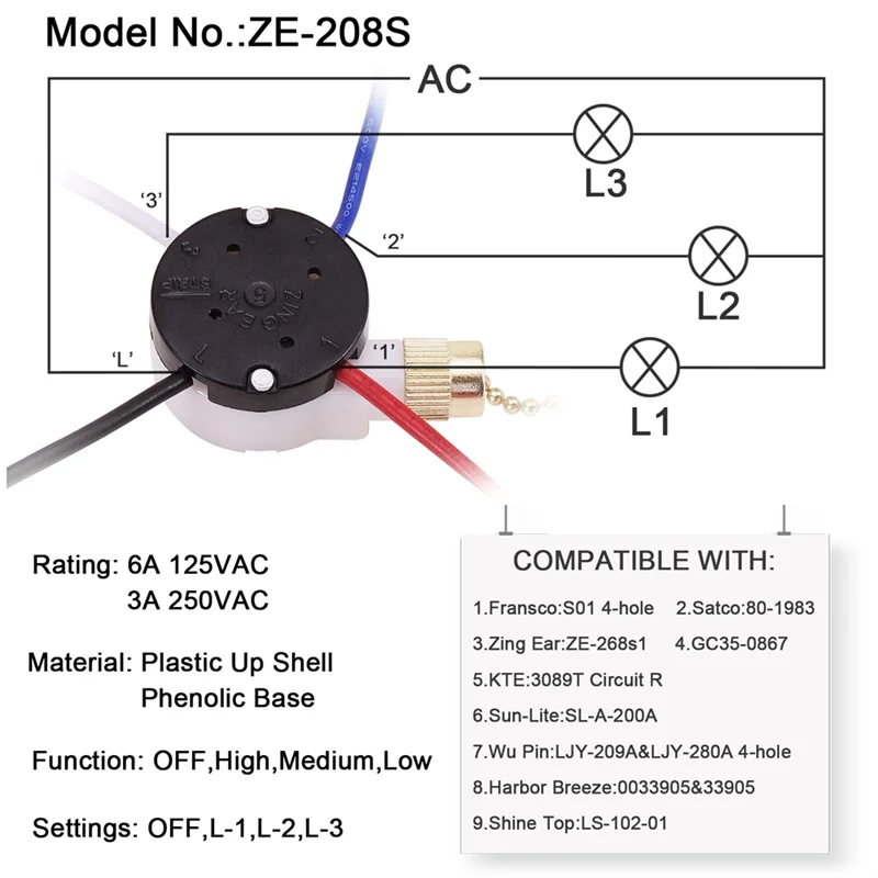 Ceiling Fan Switch Kit 3 Speed 4 Wire, Fan Switch Zipper Speed Control Switch, ZE-208S Pull Wire Switch with Rope Gold