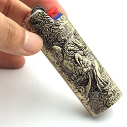 Cehyhd Metal Lighter Case Cover Holder Vintage Dragon Engraving for BIC Full Size Lighter J6 (Silver)