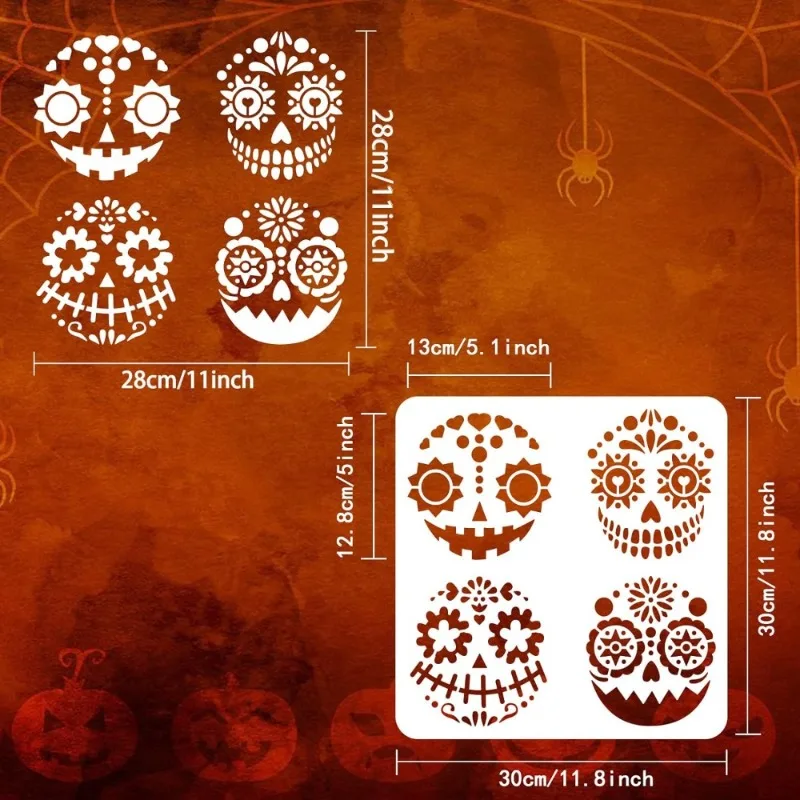 1pc Sugar Skull Expression Stencil 11.8x11.8 inch Day of The Dead Decor Stencils Plastic 4 Styles Sugar Skull Patterns Stencil