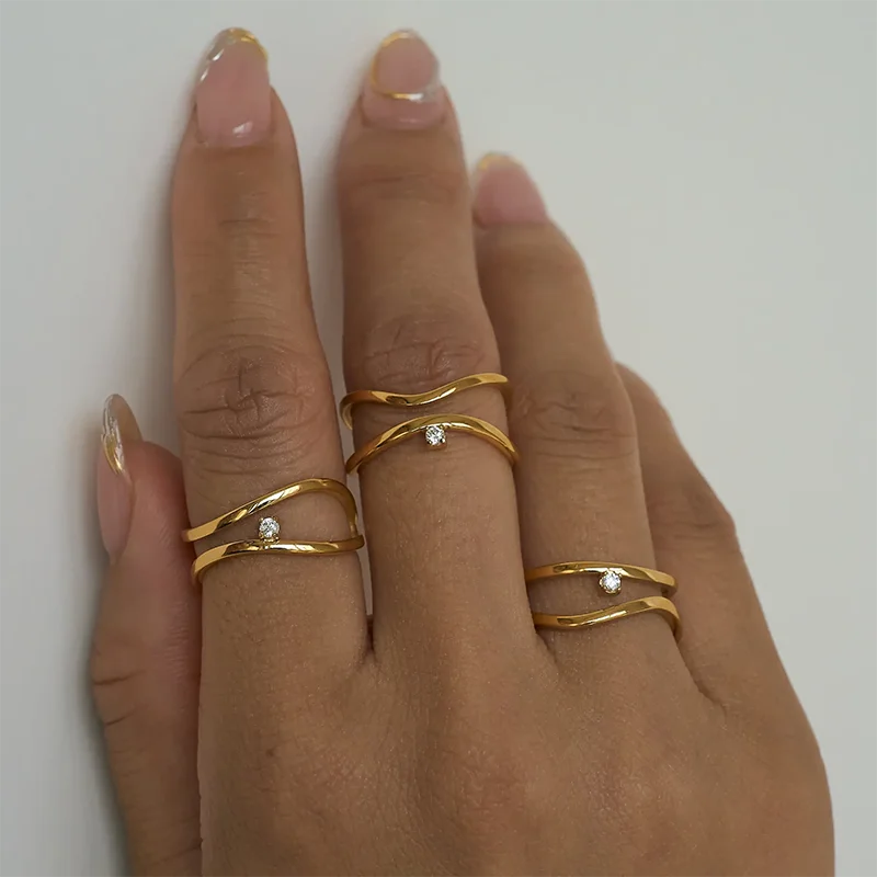 Double layered cz stone thin rings stainless steel rings for women minimalist dainty stainless steel jewelry new in 2024