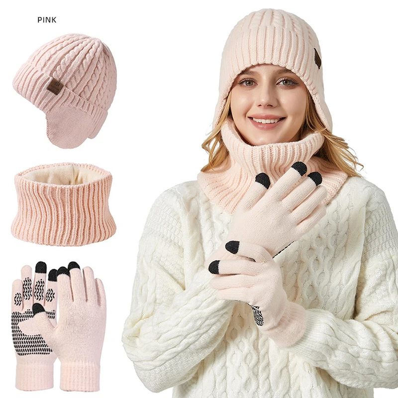 3Pcs/set Zimowa czapka Beanie Szalik dla kobiet Mężczyźni Rękawiczki do ekranów dotykowych Ciepłe dzianinowe szaliki z polarową podszewką Ochrona uszu Wełniane czapki