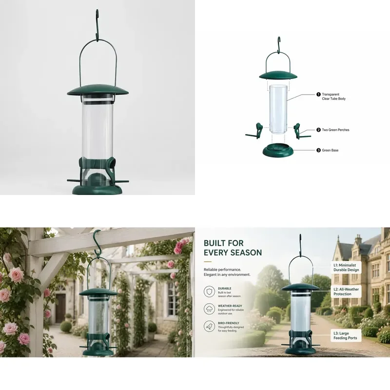 for Compact Tubular Bird Feeder with Hanging Handle Multiple Seed Outlets Antique Design Eco Friendly Garden Decoration