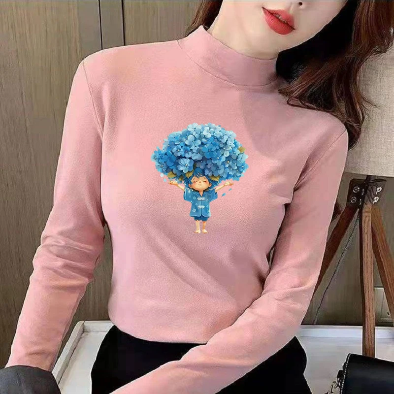 Winter Women's Thermal Brushed Fleece Half Mock Neck Long Sleeve T Shirt Hydrangea Blue Girl Cute Graphic Warm Tee
