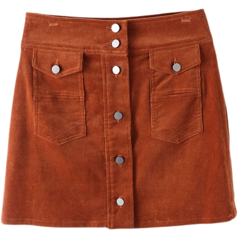 

Sexy A-Line Skirt in Corduroy Single Button Spring New Arrival by Nono E-Station High Waist Commute Sle Pure Color