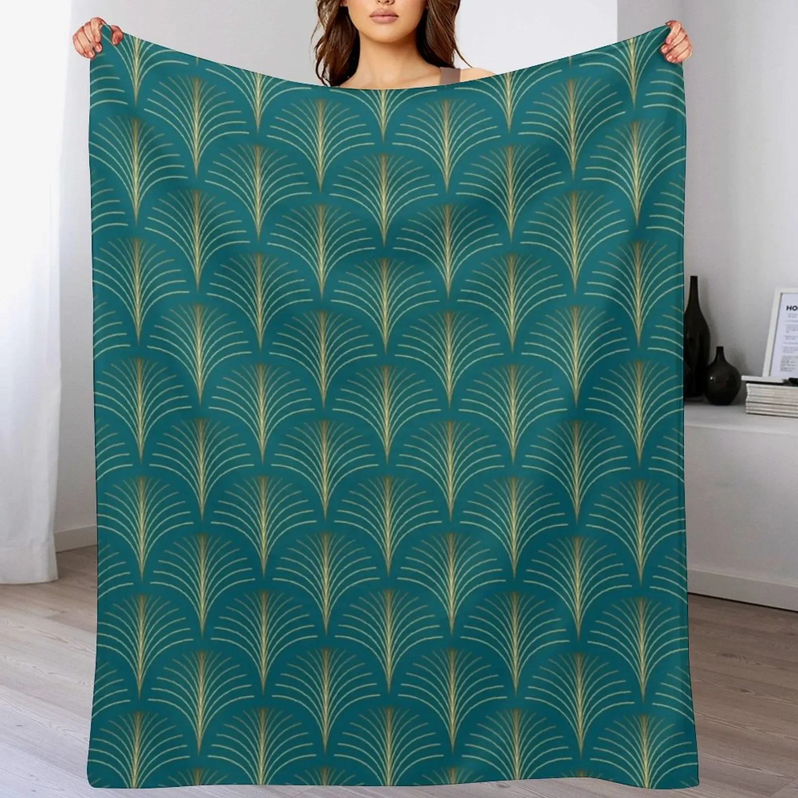 

Art Deco Golden Floral Fans And Turquoise Green Throw Blanket Decoratives Winter beds Plush Beautifuls Blankets