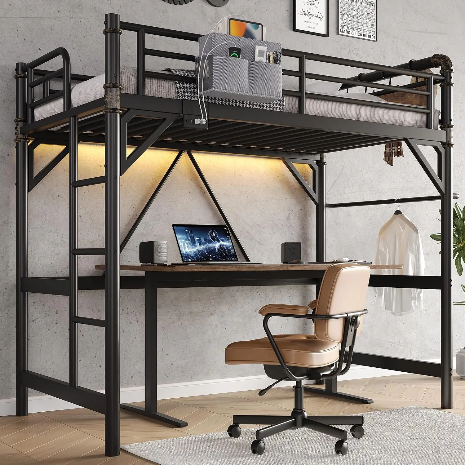 Twin Loft Bed LED Lights Charging Station Industrial Heavy Duty Metal Frame Ladder Guardrail Kids Adults Small Space Saving Bedr