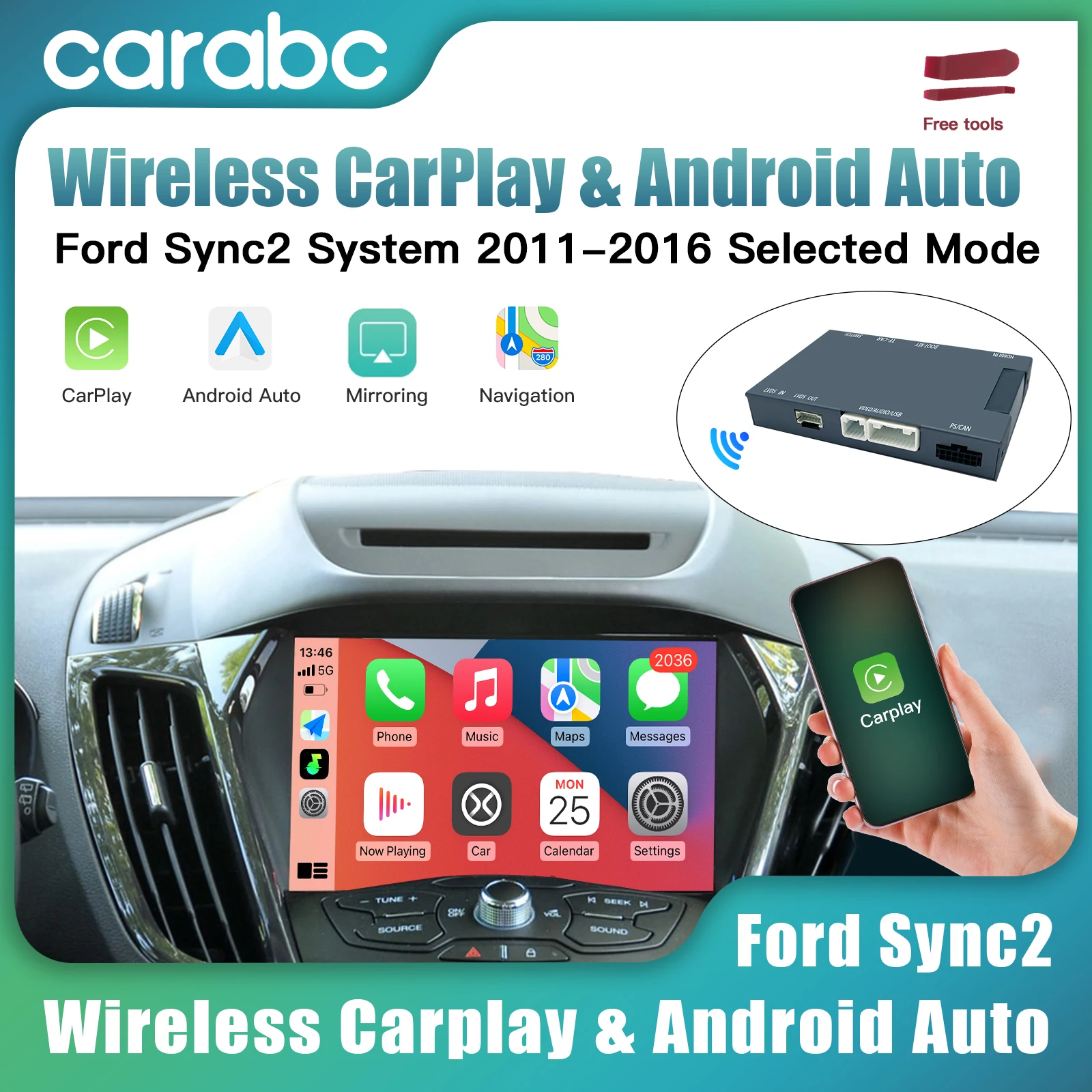 CARABC Wireless Carplay Android Auto for Ford Sync2 System 2011-2016 Explorer Focus Fiesta C-max Edge F150 Fusion Taurus BOX