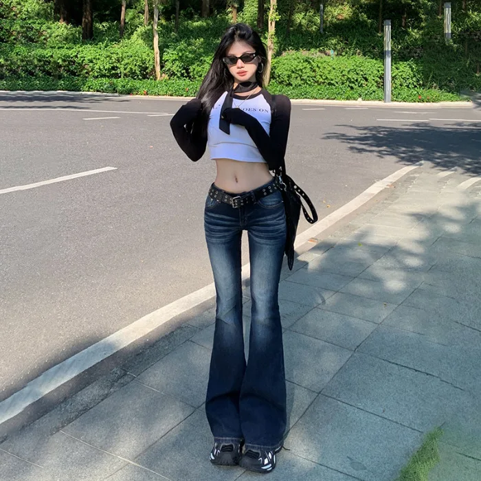 GG Y2K Slim Fit High Waist Casual Womens Jeans Retro Denim Pants Low Rise Flared Trousers Long Bootcut Drag Autumn for Women