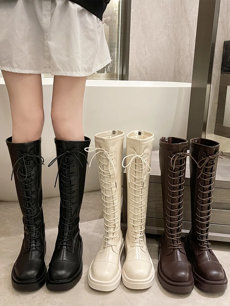 Women's Rubber Boots Boots-Women Lace Up Round Toe Female Shoes Sexy Thigh High Heels High Sexy Winter Footwear Rain 2024 Ladies