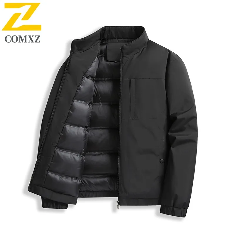 COMXZ Men Middle Aged National Standard 90% White Duck Down High Quality Down Jacket Stand Collar Minimalist Casual Business Top