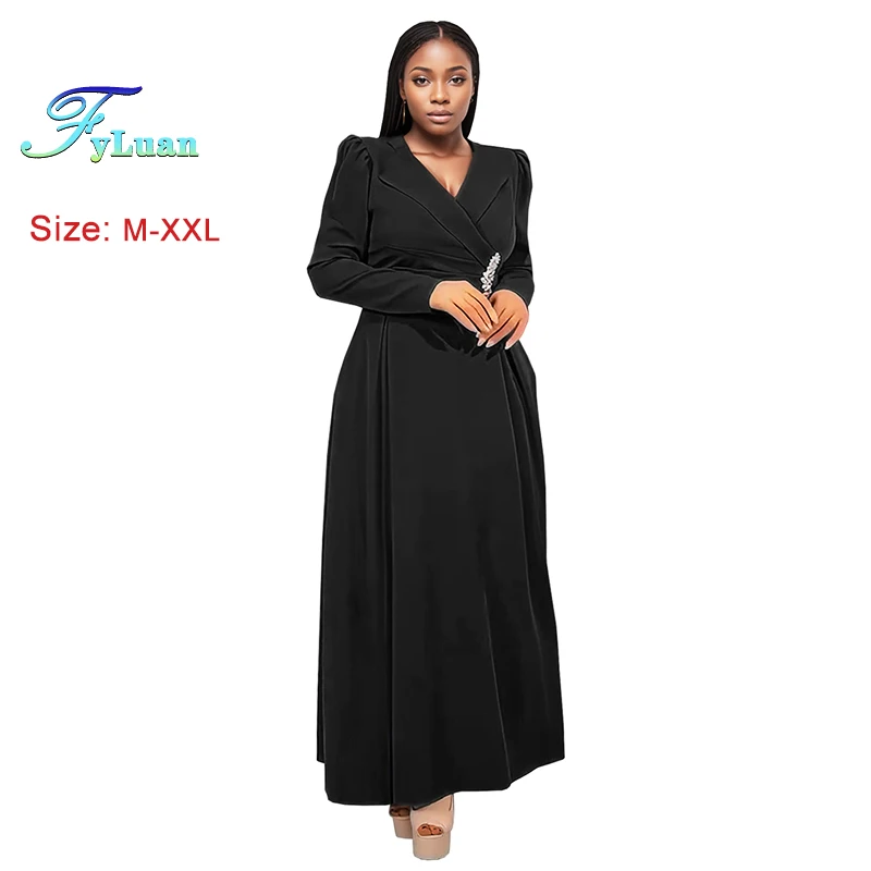 

2025 European Style Women‘s Dress Temperament Collect Waist Cross Turn Down Collar Long Sleeve Floor Length Dress Banquet Gown