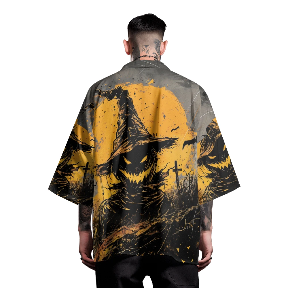 

Classic Vintage Niche Design Horror Style Halloween Pumpkin Scarecrow Print Toga Men's Fashion Casual Kimono Men's Tops