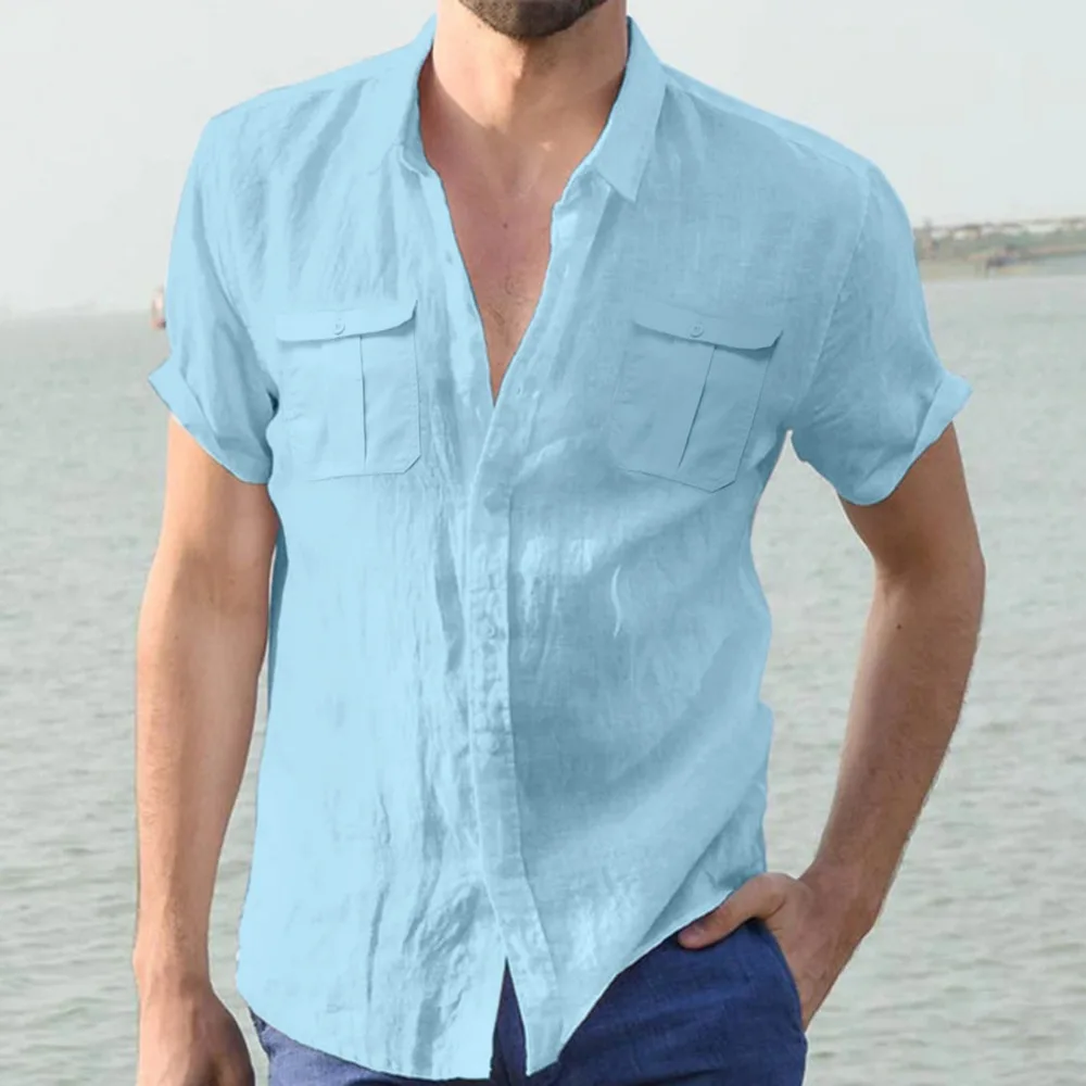 Men\'s Cotton Linen Shirts for Men Short Sleeve Beach Summer Casual Loose Shirt Turn Down Collar Streetwear Men