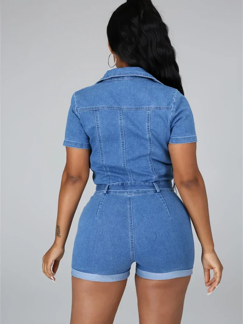 Streetwear DENIM Rompers Playsuits เสื้อผ้าฤดูร้อนผู้หญิง 2025 เปิดลงปก Jean กางเกงขาสั้น Jumpsuits One ชิ้น Overalls ชุด