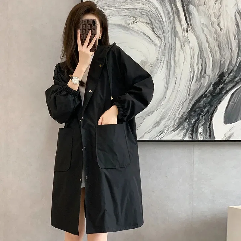 Spring Autumn Casual Korean Fashion Hooded Medium Long Overcoat Loose Windproof Coat Women Trench Coat Solid Color Pocket