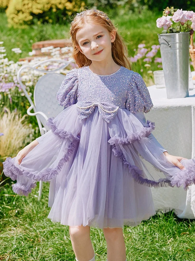 Winter Autumn Embroidery Lace Velvet Ball Gown Dress Girls Party Elegant Purple Shiny Bow Kid Birthday Princess Children Clothes