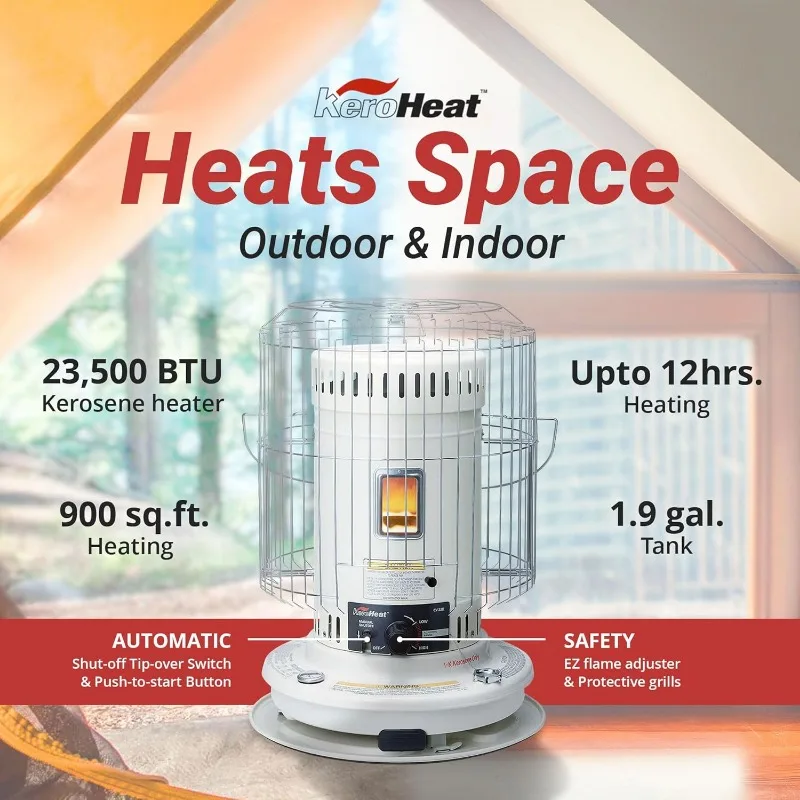 KeroHeat Efficient Indoor Outdoor Portable Travel Convection Kerosene Space Heater with Automatic Safety Shut Off, 23,500 BTU