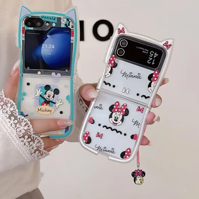 Capa de Telefone com Orelhas de Gato 3D Fofas do Mickey e Minnie para Samsung Galaxy Z Flip 3 4 5 6 7 7FE, Capa Protetora Kawaii com Cordão Pendente
