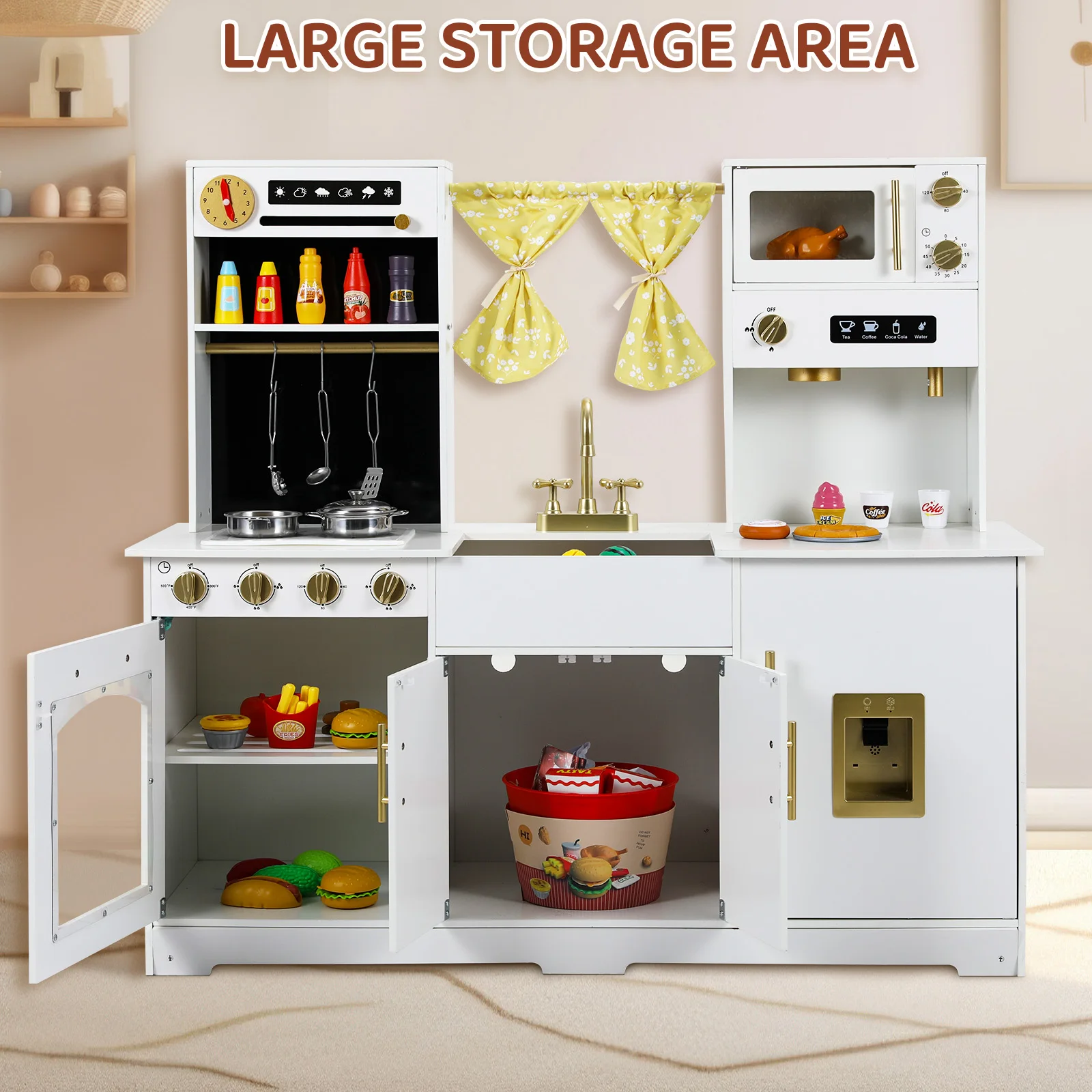 

Kids Play Kitchen w/ Curtain, Wooden Pretend Toy Kitchen, Large Toodler Cooking Playset, Modern Home Style for Ages 3+