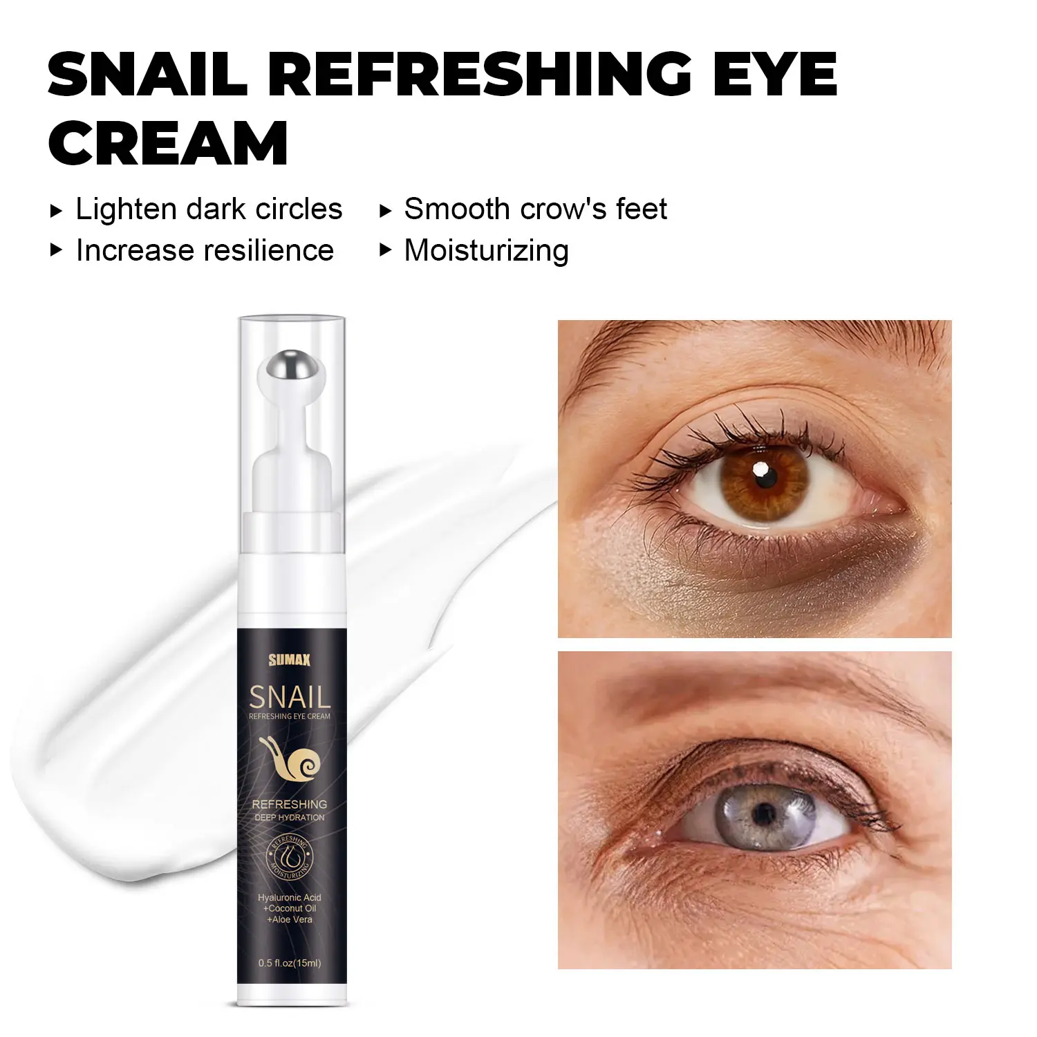 SUMAX 15ML SNAIL REFRESHING EYE CREAM Moisturizing Nourishing Anti Puffiness Dark Circle Hydrates Removal Wrinkles