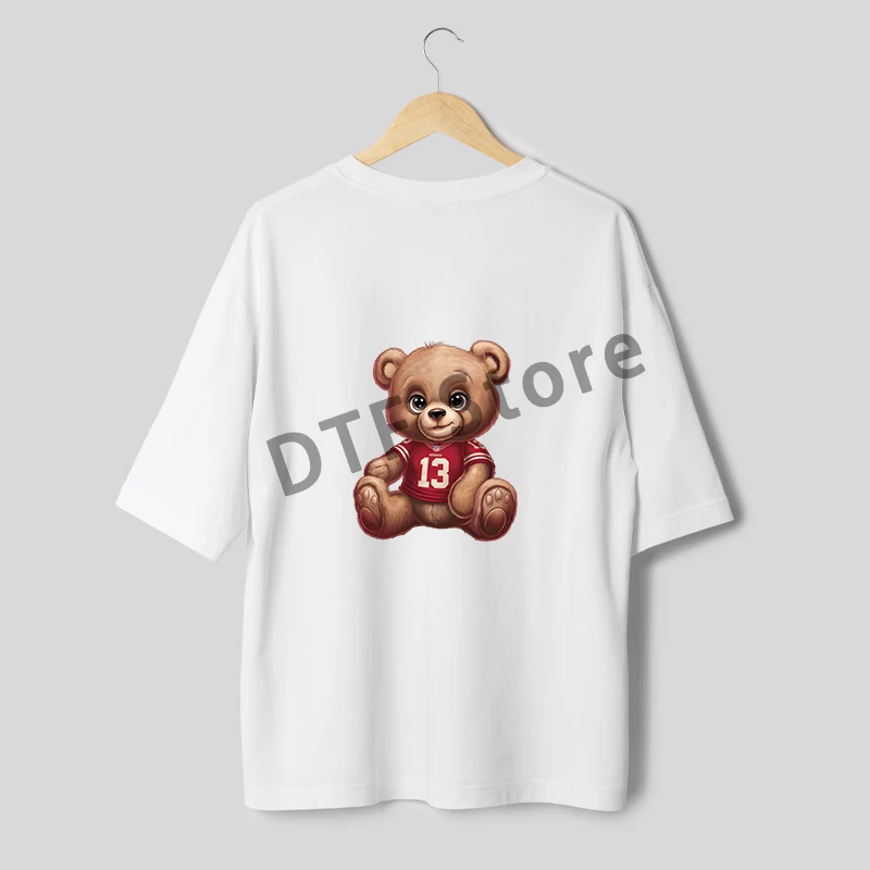 A brown teddy bear wearing a jersey DTF children\'s clothing Patch washable thermal transfer printing customized Patch