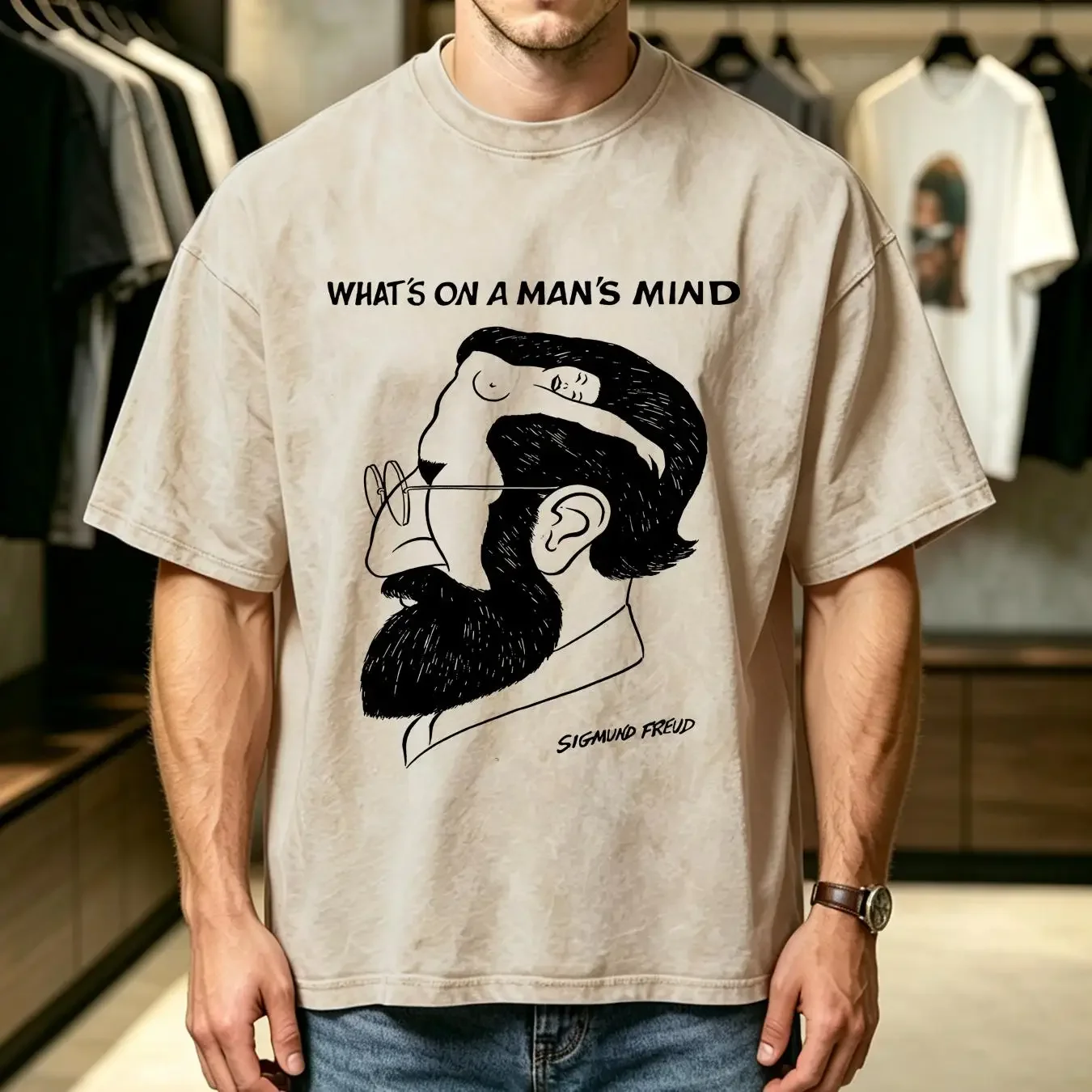 washed T Shirt Sigmund Freud What's On A Man's Mind Funny Quote vintage Washed Versatile Stretched homme Top For Everyday Wear