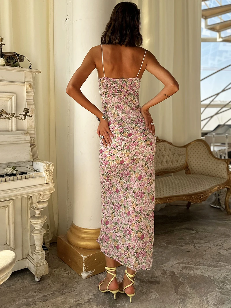 Boho Sexy Backless Beach Dress Elegant Bandage Sleeveless Cami Slip Dress Bodycon Pink Floral Long Summer Dresses For Women 2024