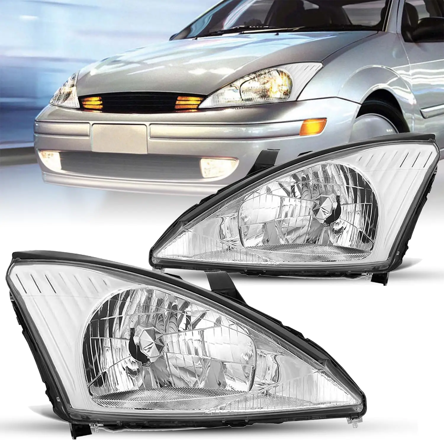 Left & Right Headlight Assembly Replacement Compatible with 2000-2004 Focus (Chrome Housing, Clear Reflector) - Driver and Passe