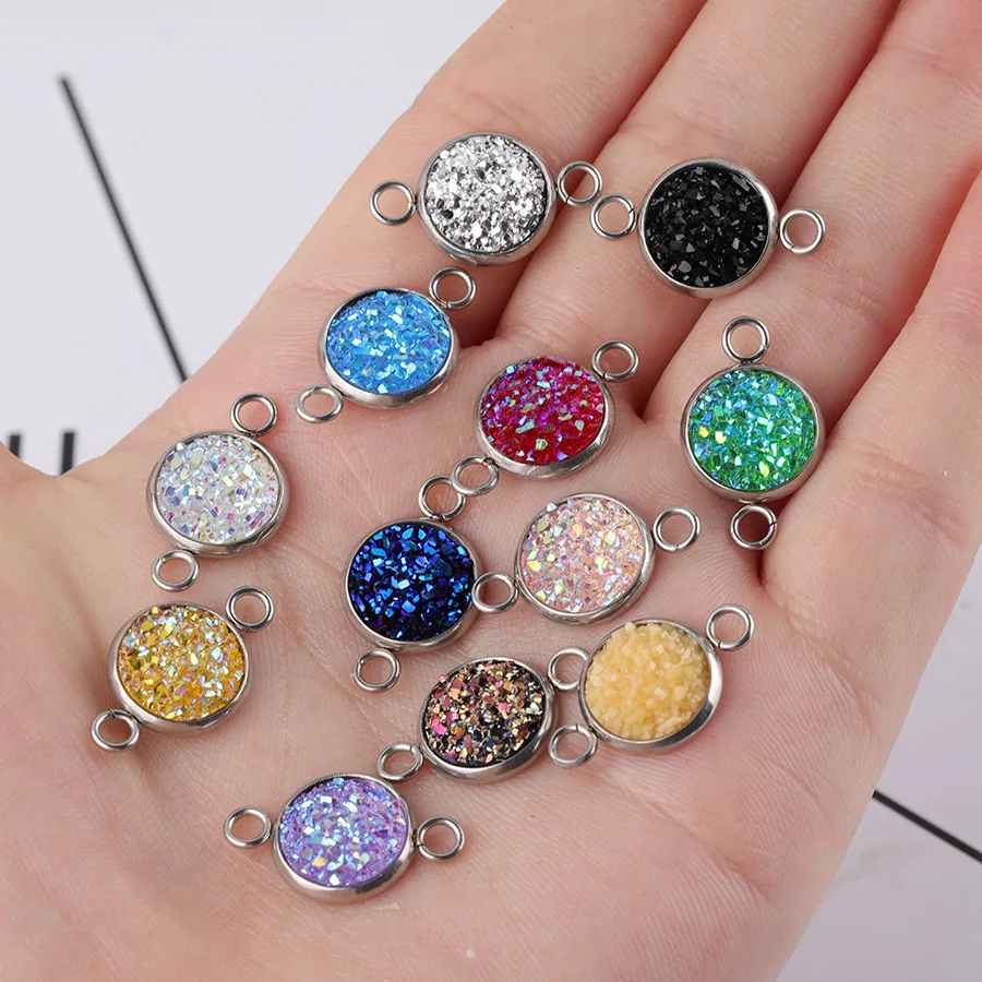 20Pcs/Lot 10mm Stainless Steel Resin Glitter Faux Druzy Charms Connector Colorful DIY Handmade Druzy Crystal Pendant