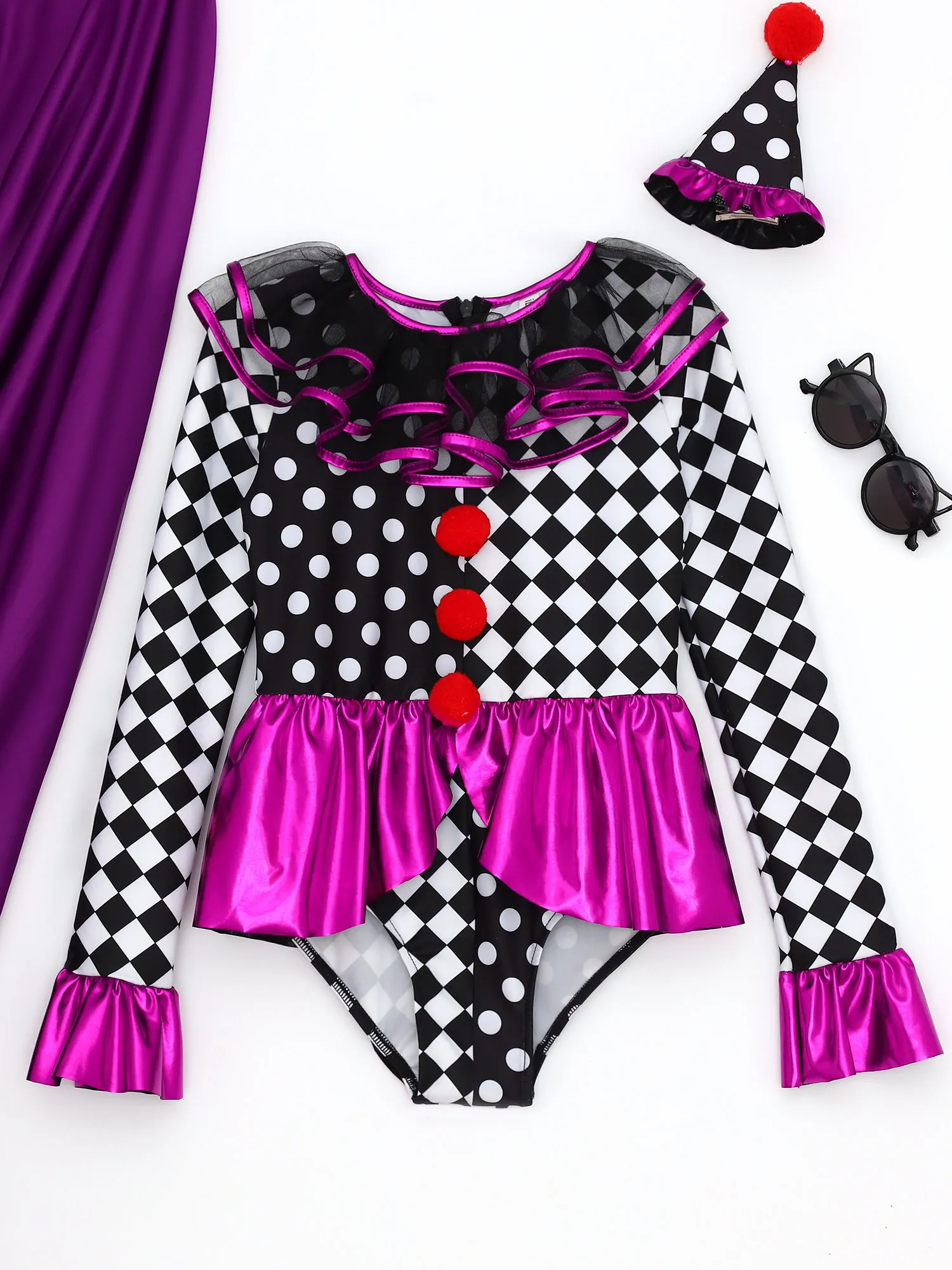 Halloween Party Circus Clown Costume Cosplay per bambini ragazze manica lunga Ruffle Checkerboard Polka Dots Red Pom Poms body Set