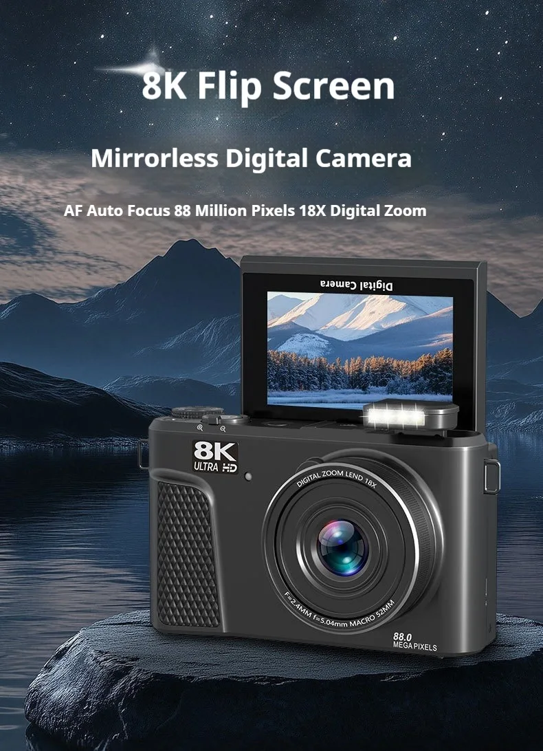 8K Flip Screen Digital Camera - 88MP, 18X Zoom, AF Autofocus, Portable Selfie Camera for Home & Travel