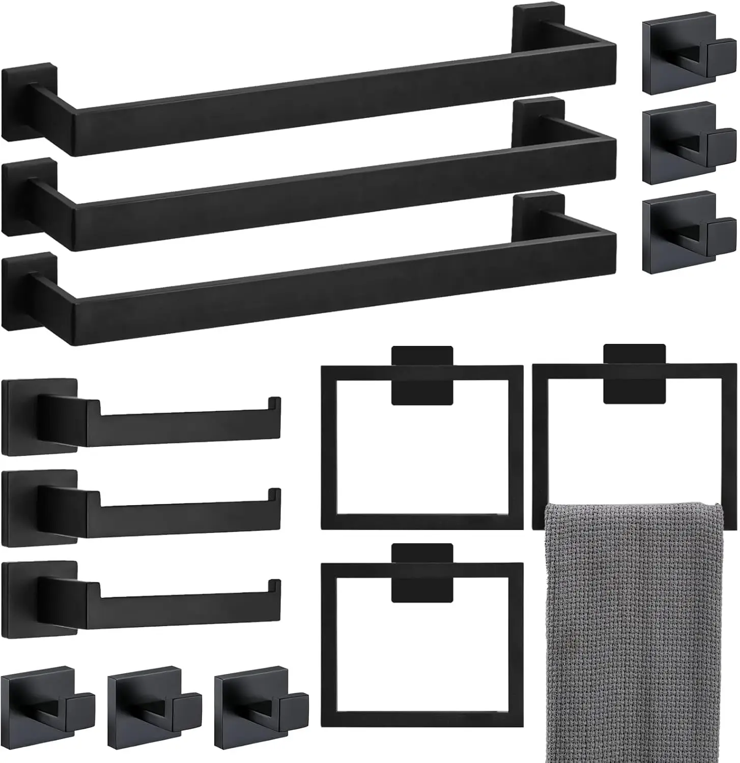 

23.6" Bathroom Hardware Set 15-Piece Black Stainless Steel Towel Bar Kit