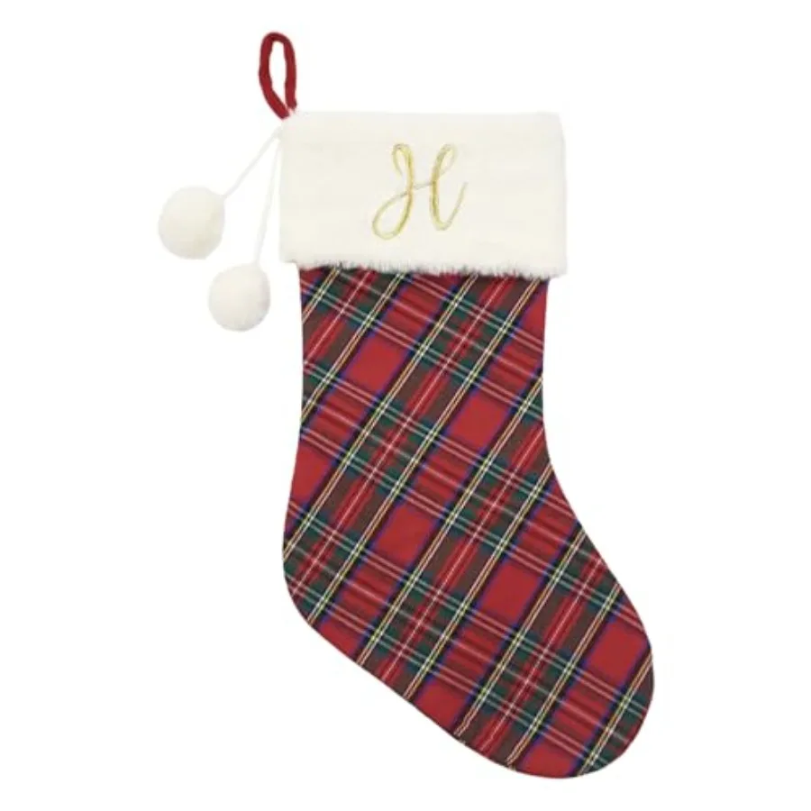 20" Classic Plaid Christmas Stockings Initial Monogram Embroidered Stockings with Pom Pom Ball for Christmas Fireplace Decor an