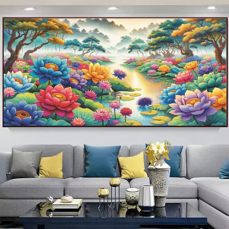 

MonaLisa Royal New 2025 Large Scale Cross Stitch Lotus Flower Thread Embroidery Living Room Landscape Mountain View Painting
