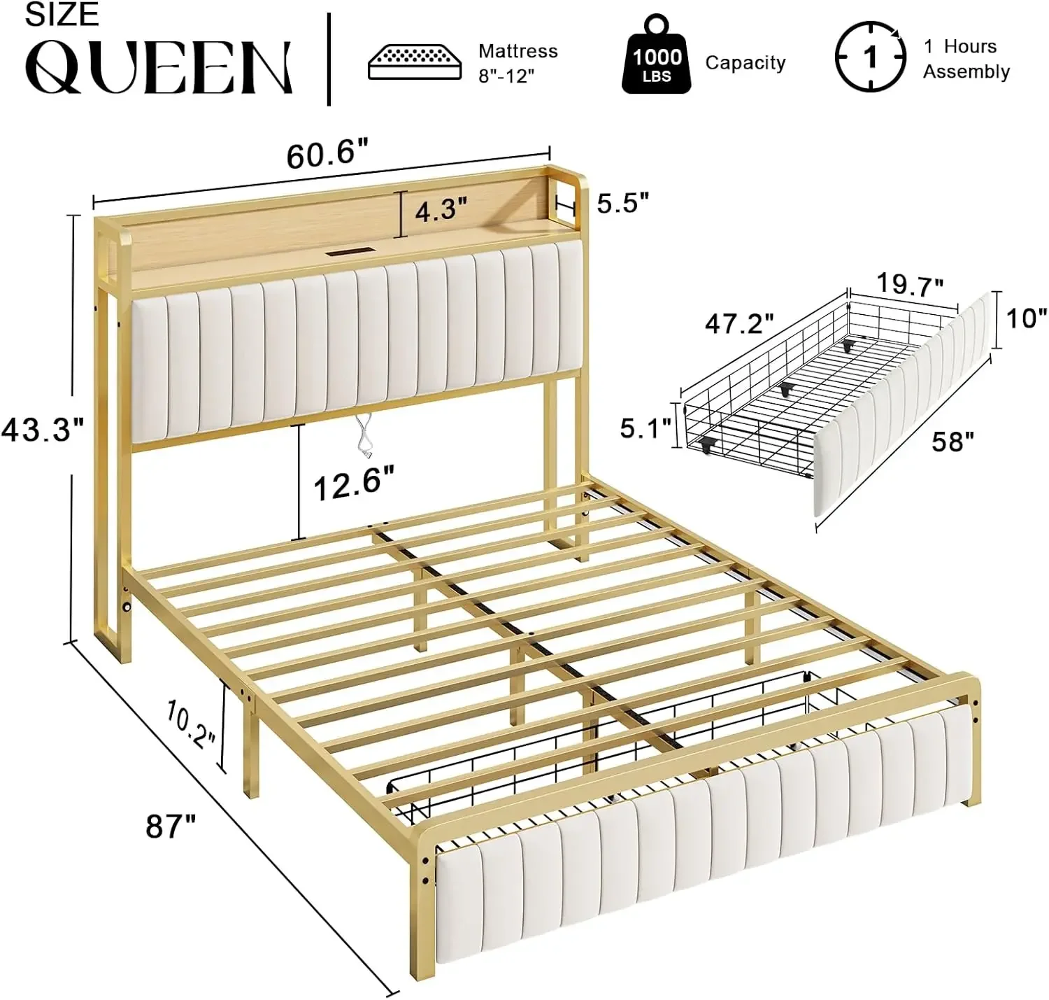 Full Size Bed Frame with Motion Activated Light, LED Platform Bed with Integrated Drawer and Storage Headboard, Charging Station