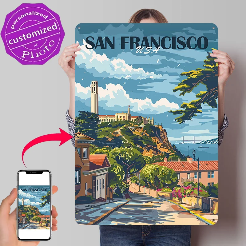 San Francisco Cityscape Personalized 3D Textured Metal Poster Wall Art Tinplate Sign for Living Room Decoration Items Wand Deko