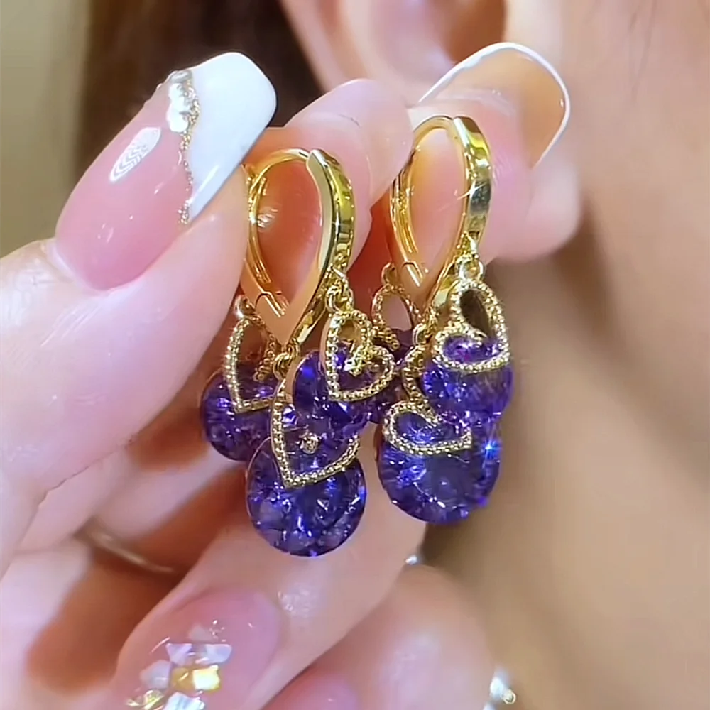 Luxury Purple Zirconia Heart Shape Drop Earrings for Women Gold Color Elegant Crystal Dangle Earrings Female Wedding Jewelry
