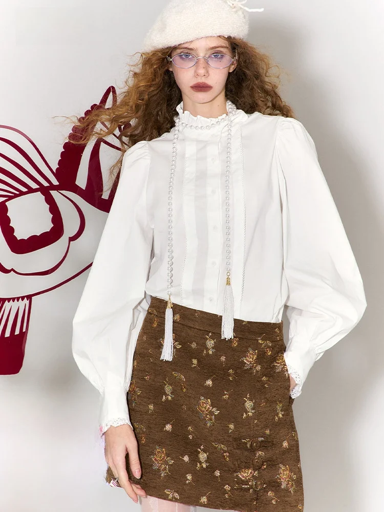 

Ele White Lace Insert Women's irt Vintage Sle Straight Cut Long Sve Cotton Blend Inner Wear Layering Top