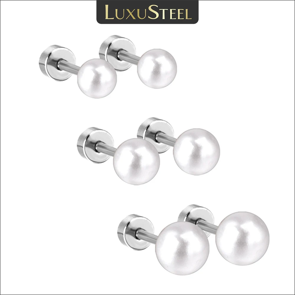 LUXUSTEEL 3Pairs/Lot White Imitation Pearl Earring For Women Girls Stainless Steel Screw Back Stud Earrings Wedding Size 4/5/6mm