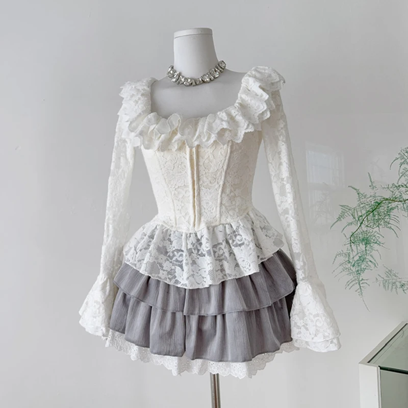 

Sweet Preppy Two Piece Sets Women Lace Ruffles Patchwork Slim Fit Long Sleeve Tops Kawaii Student High Waist Mini Cake Skirt New