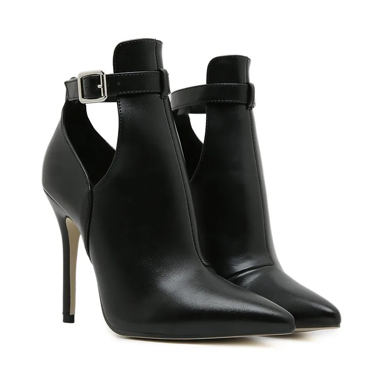 

2025 Autumn and Winter Fashion Ladies Short Boots Pointed Toe Leather Buckle Stiletto Black High Heel Ankle Boots for Women