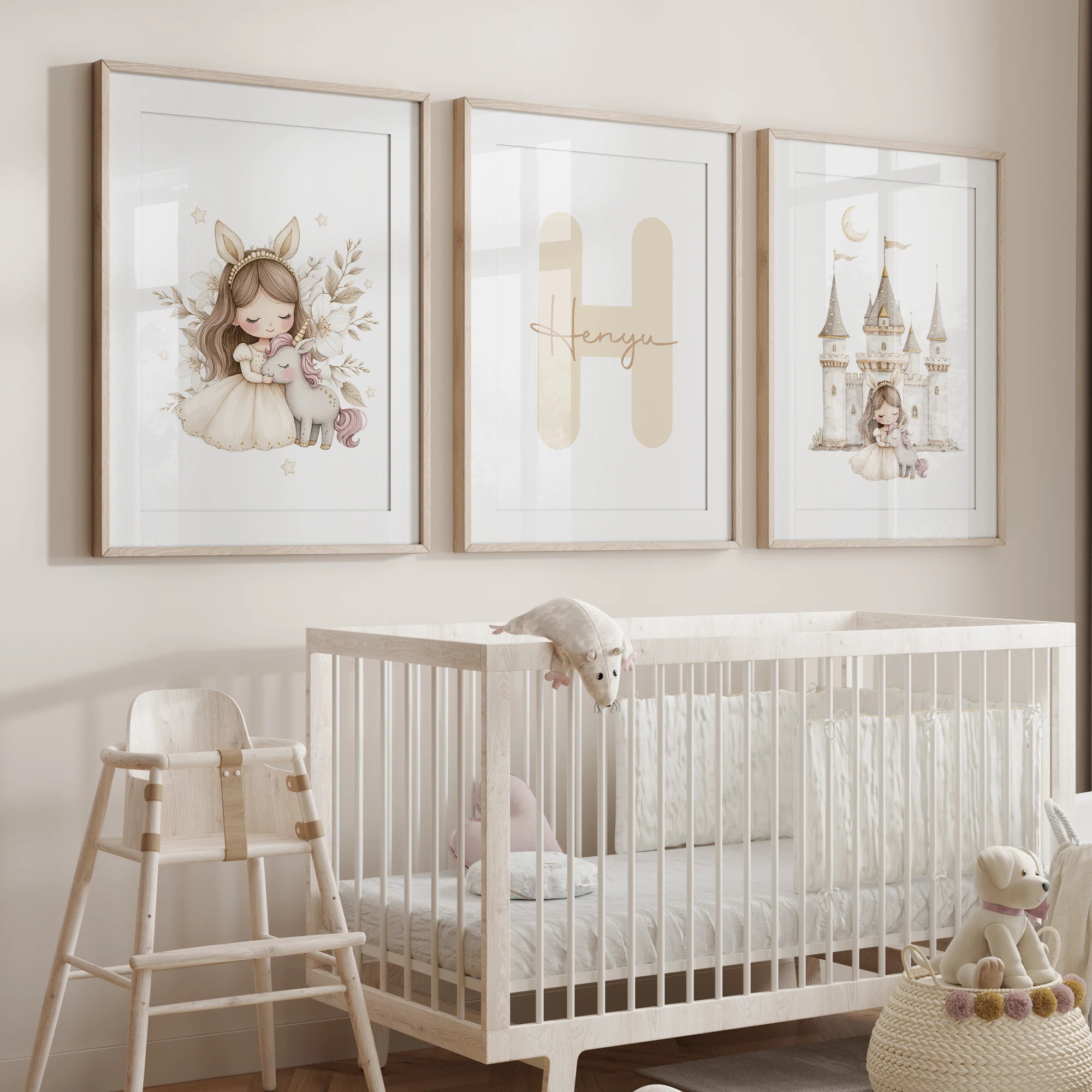 

3pcs Personalized Name Custom Cute Girl Unicorn Castle Rabbit Ears Wall Art Print Picture Living Room Kids Room Home Decor