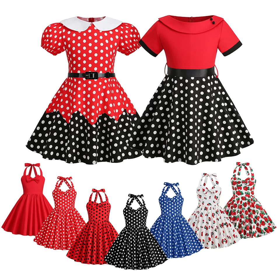 Polka Dot Dress 3-9T Kids Girls Vintage Swing Halter Belt 50s 60s Rockabilly Prom Wedding Casual Party Dresses Retro Feminino