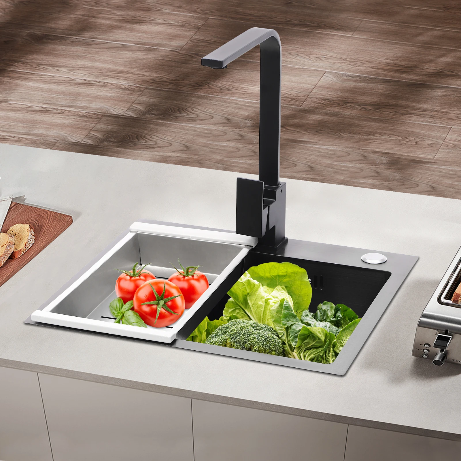 Black Diamond Sink+One Set of Drain, Black Soap Dispenser+Faucet, Suitable for Manual Cleaning of Food