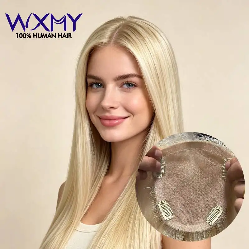 6×7 4×5 100% Remy Human Hair 613 Blonde Toppers Silk Base Lace Clips in Hair Hand tied 100Handmade HumanHair Extension Hairpiece