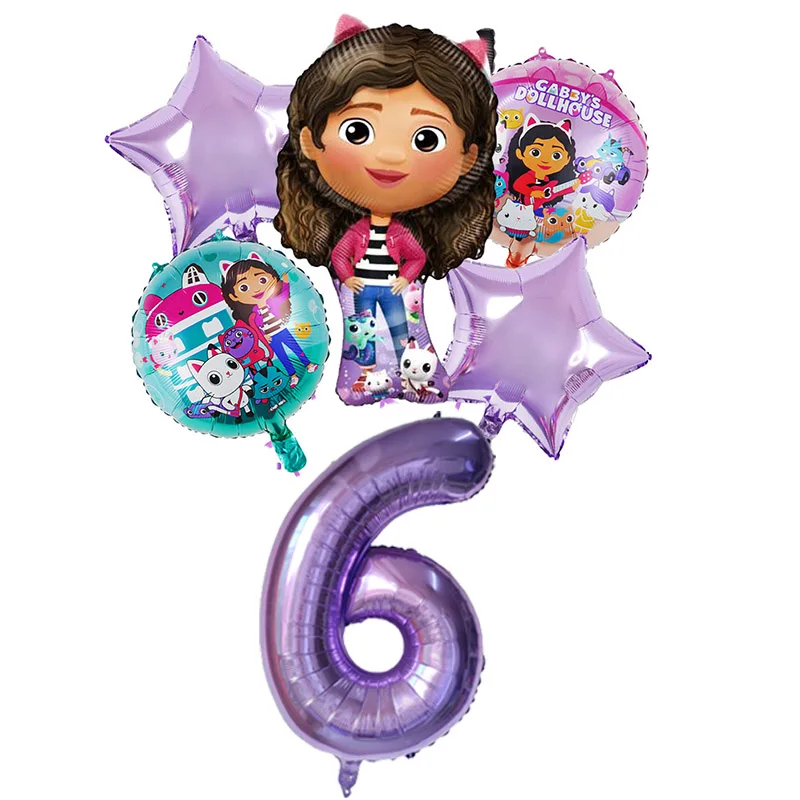 6pcs Gabby DollHouse Metallic Balloons Cartoon Girls Birthday Party Decoration Supplies Baby Shower Globos