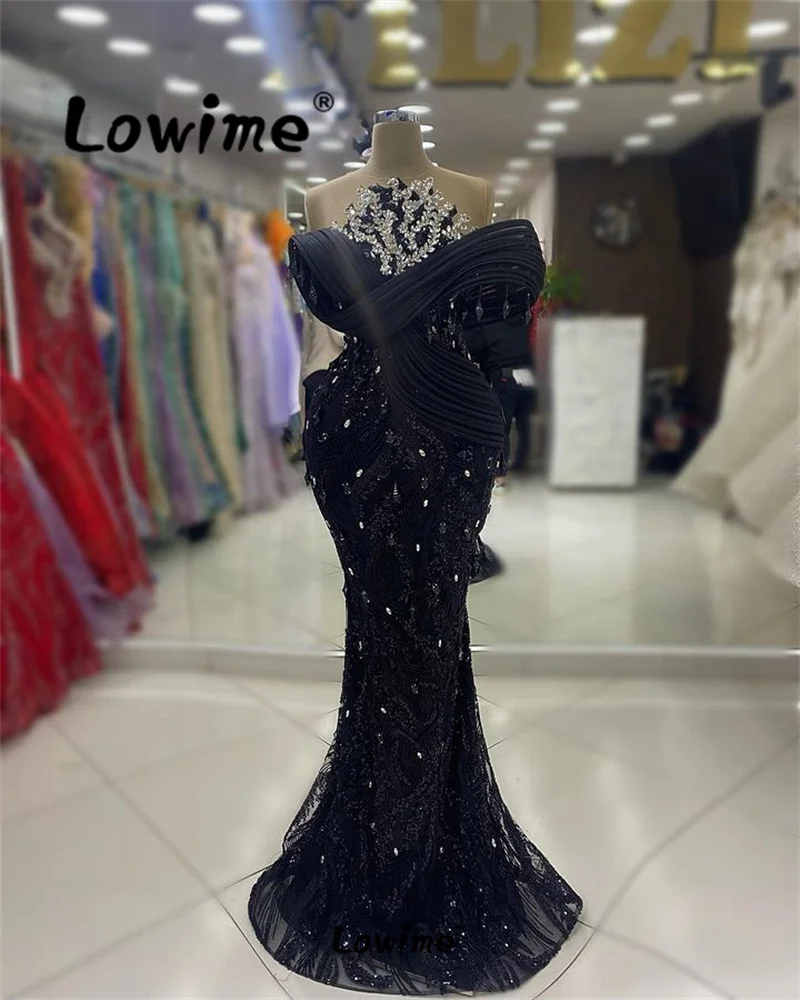 ﻿ Robe De Soiree Elegant Black Party Dress Women Evening Gowns Wedding Prom Dresses 2024 Off Shoulder Crystals Mermaid Aso Ebi